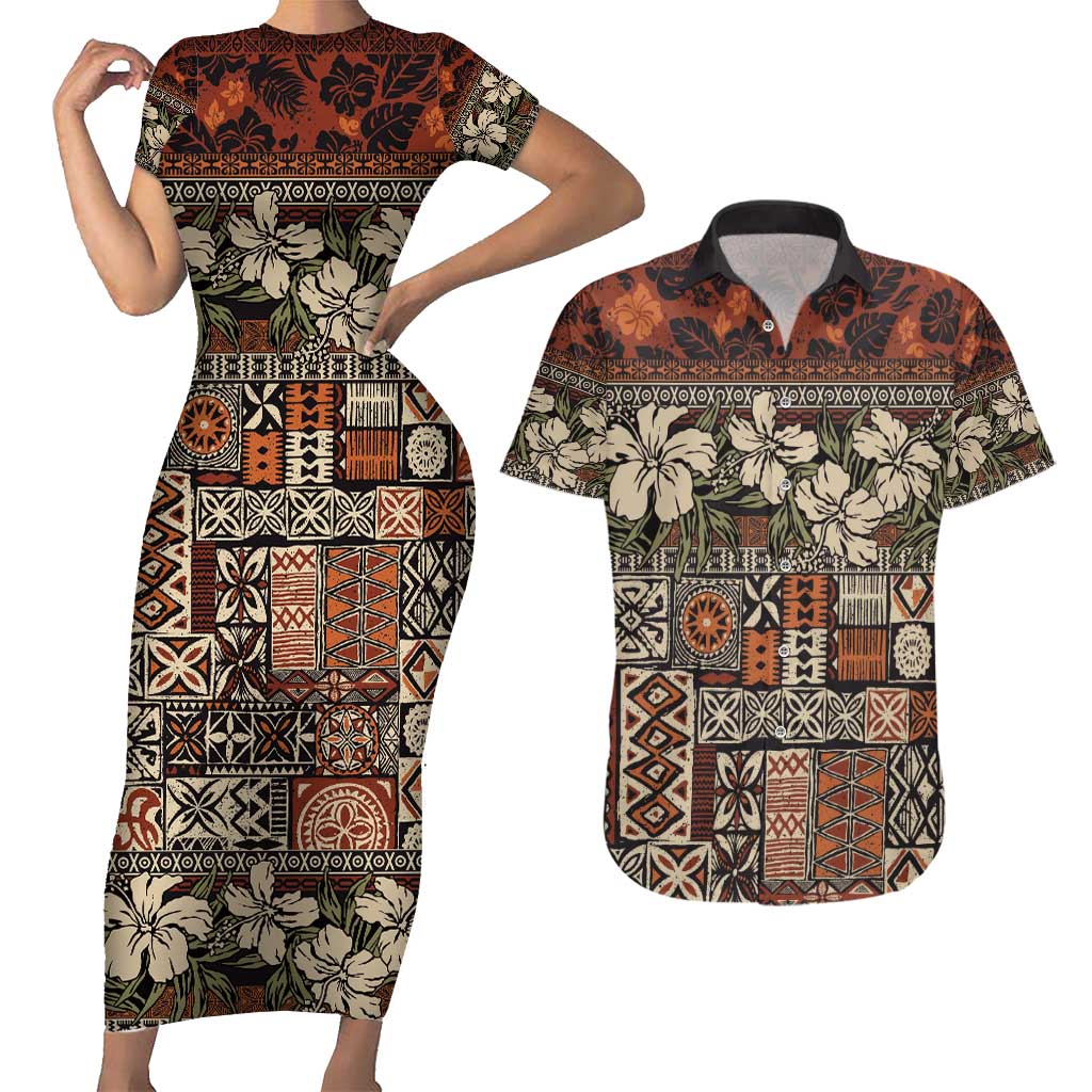 Pacific Hibiscus Tapa Tribal Vintage Couples Matching Short Sleeve Bodycon Dress and Hawaiian Shirt Brown Motif