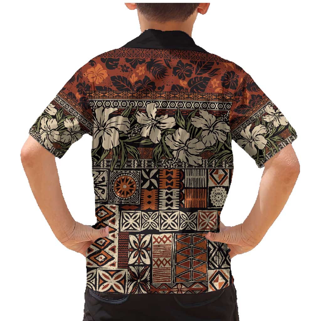 Pacific Hibiscus Tapa Tribal Vintage Family Matching Mermaid Dress and Hawaiian Shirt Brown Motif