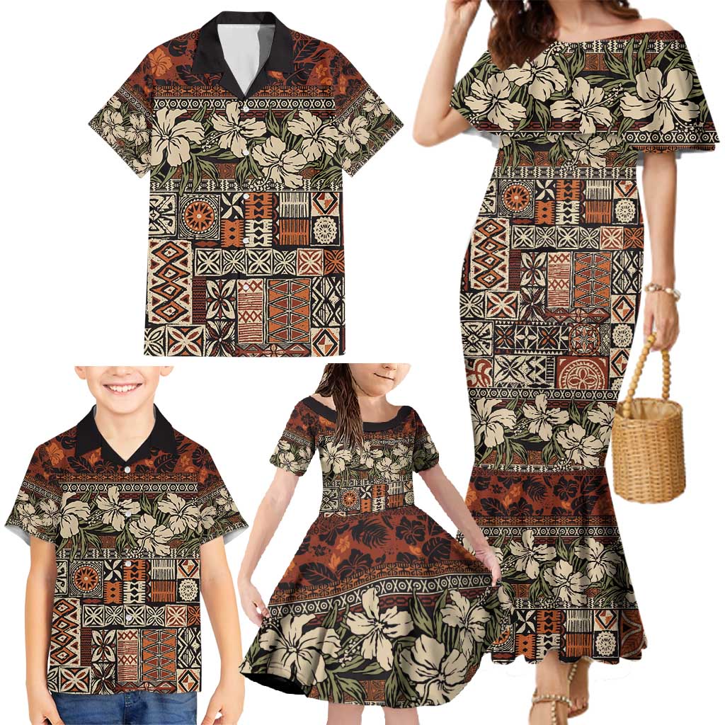 Pacific Hibiscus Tapa Tribal Vintage Family Matching Mermaid Dress and Hawaiian Shirt Brown Motif