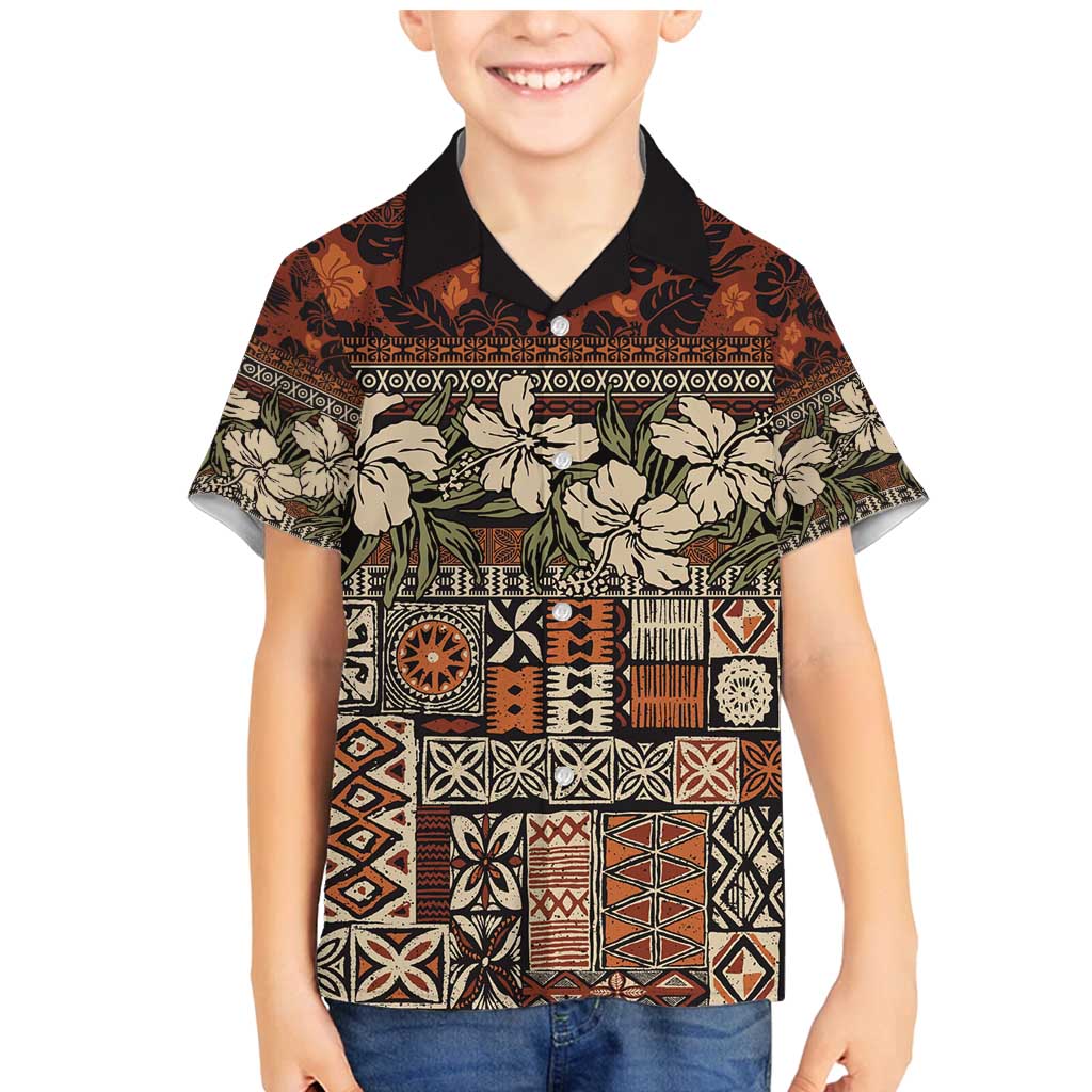 Pacific Hibiscus Tapa Tribal Vintage Family Matching Mermaid Dress and Hawaiian Shirt Brown Motif