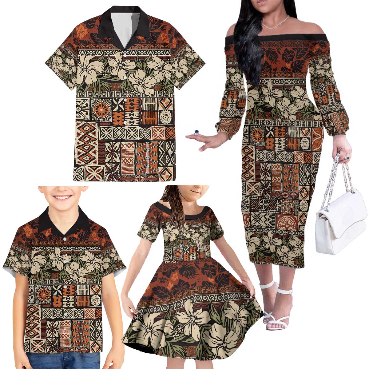 Pacific Hibiscus Tapa Tribal Vintage Family Matching Off The Shoulder Long Sleeve Dress and Hawaiian Shirt Brown Motif