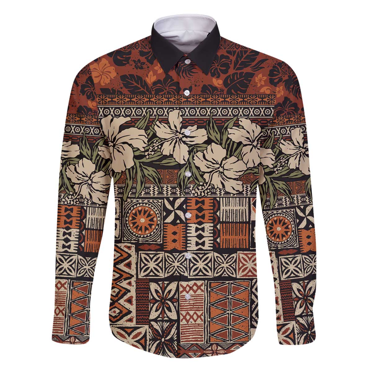 Pacific Hibiscus Tapa Tribal Vintage Family Matching Off The Shoulder Long Sleeve Dress and Hawaiian Shirt Brown Motif