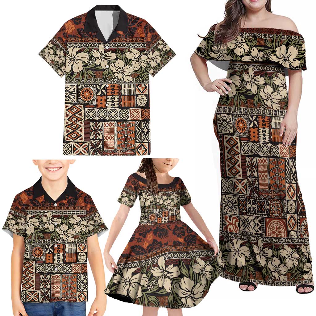 Pacific Hibiscus Tapa Tribal Vintage Family Matching Off Shoulder Maxi Dress and Hawaiian Shirt Brown Motif