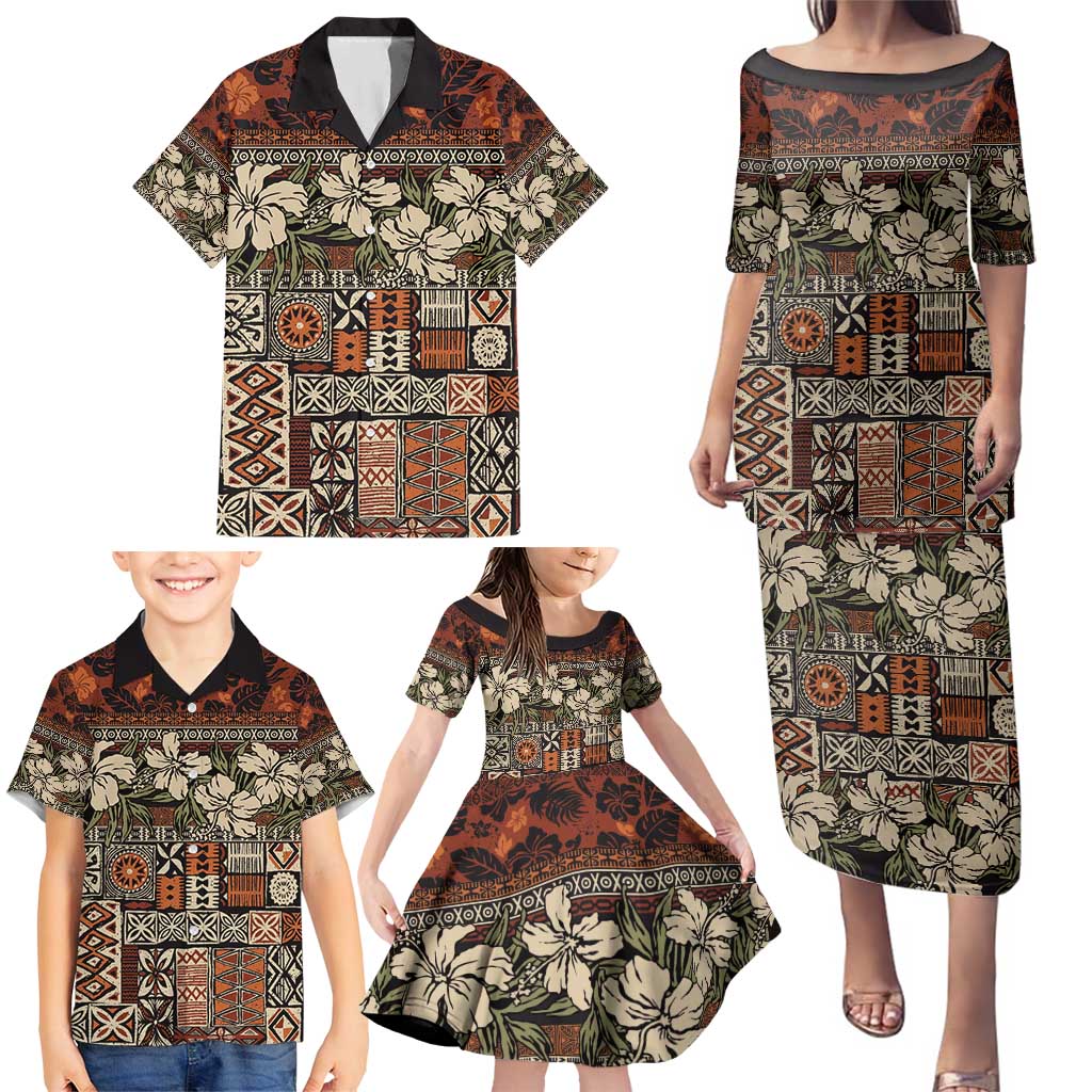 Pacific Hibiscus Tapa Tribal Vintage Family Matching Puletasi and Hawaiian Shirt Brown Motif