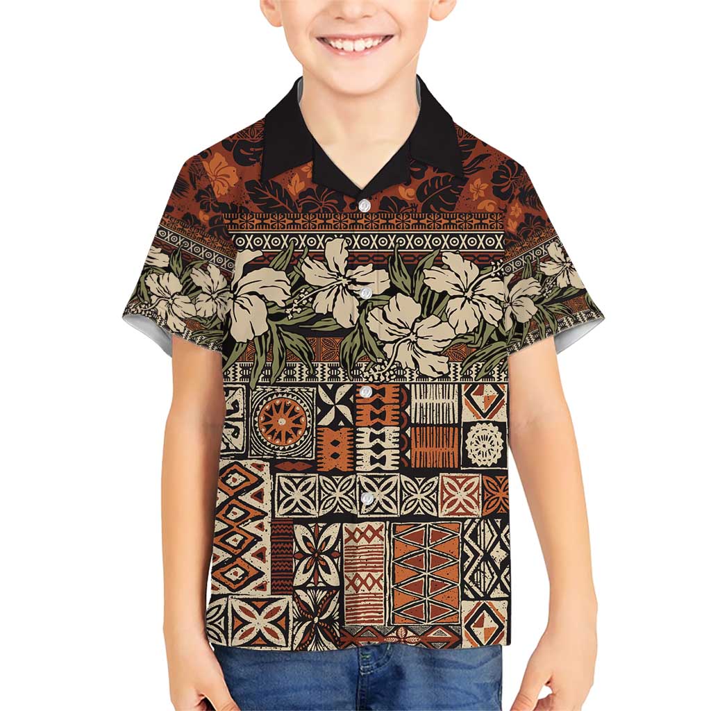 Pacific Hibiscus Tapa Tribal Vintage Family Matching Short Sleeve Bodycon Dress and Hawaiian Shirt Brown Motif