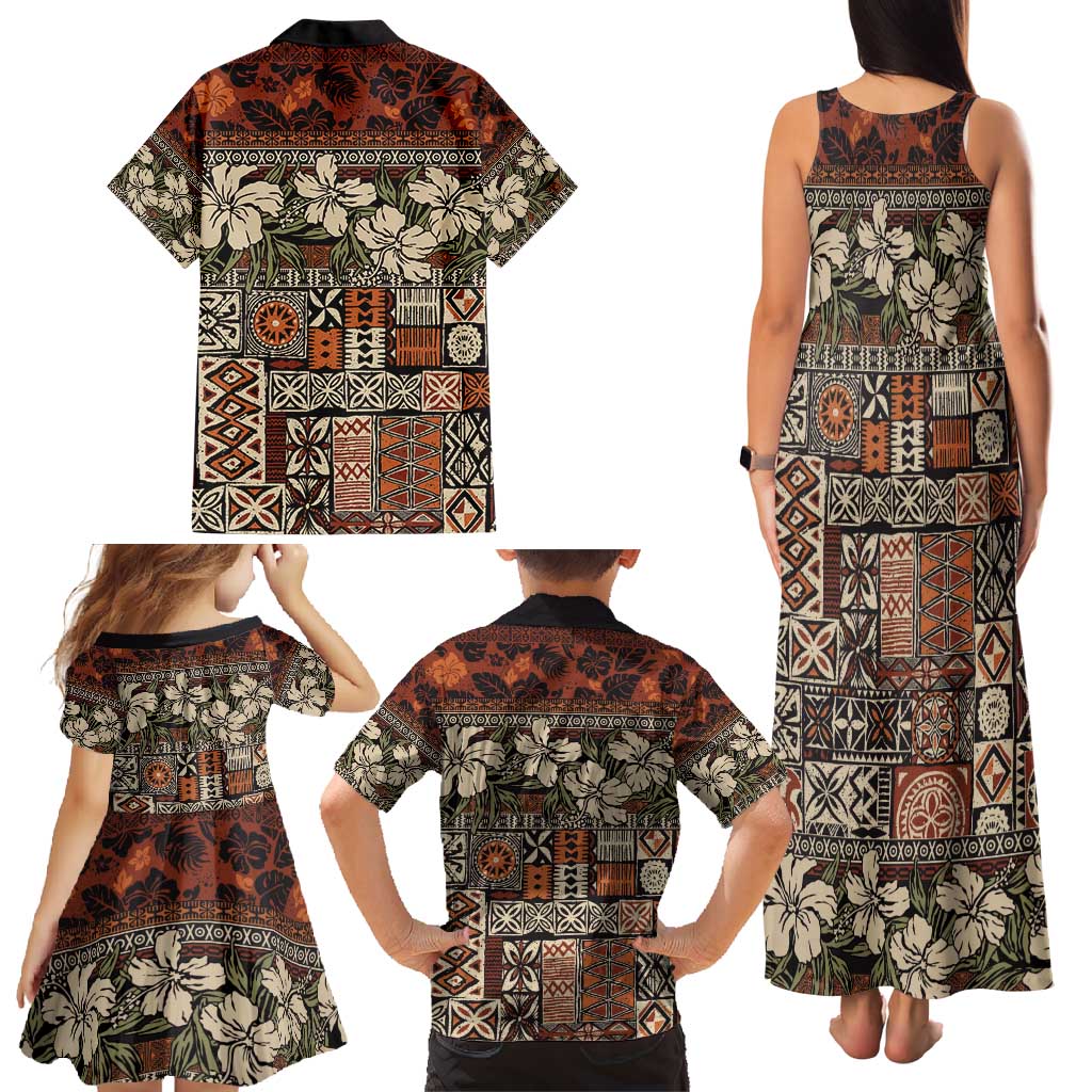 Pacific Hibiscus Tapa Tribal Vintage Family Matching Tank Maxi Dress and Hawaiian Shirt Brown Motif