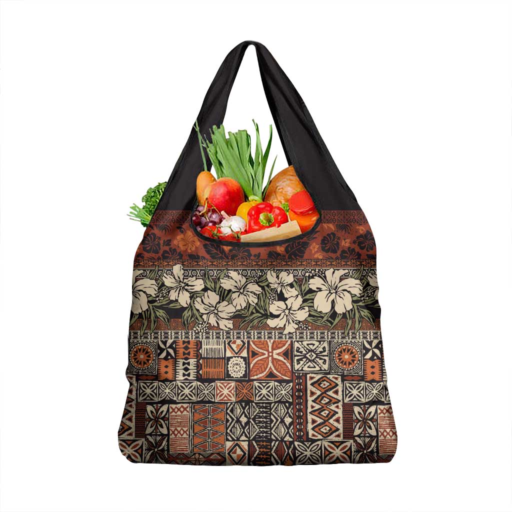 Pacific Hibiscus Tapa Tribal Vintage Grocery Bag Brown Motif LT9 1-pack One Size Brown - Polynesian Pride