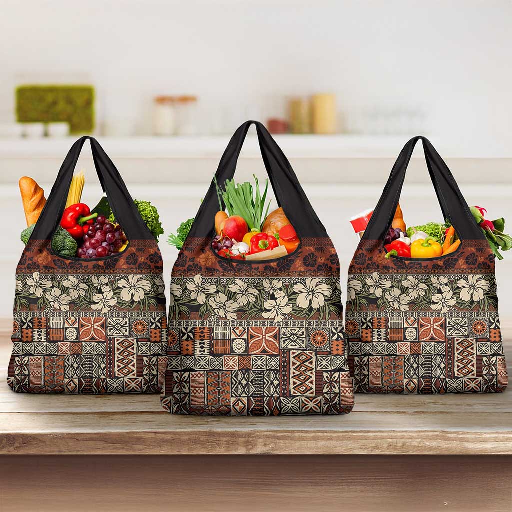 Pacific Hibiscus Tapa Tribal Vintage Grocery Bag Brown Motif LT9 3-pack One Size Brown - Polynesian Pride