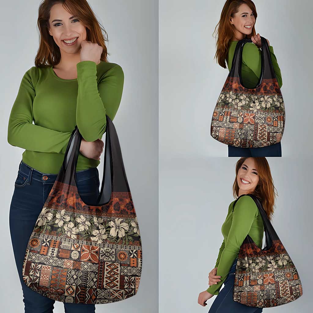 Pacific Hibiscus Tapa Tribal Vintage Grocery Bag Brown Motif LT9 - Polynesian Pride