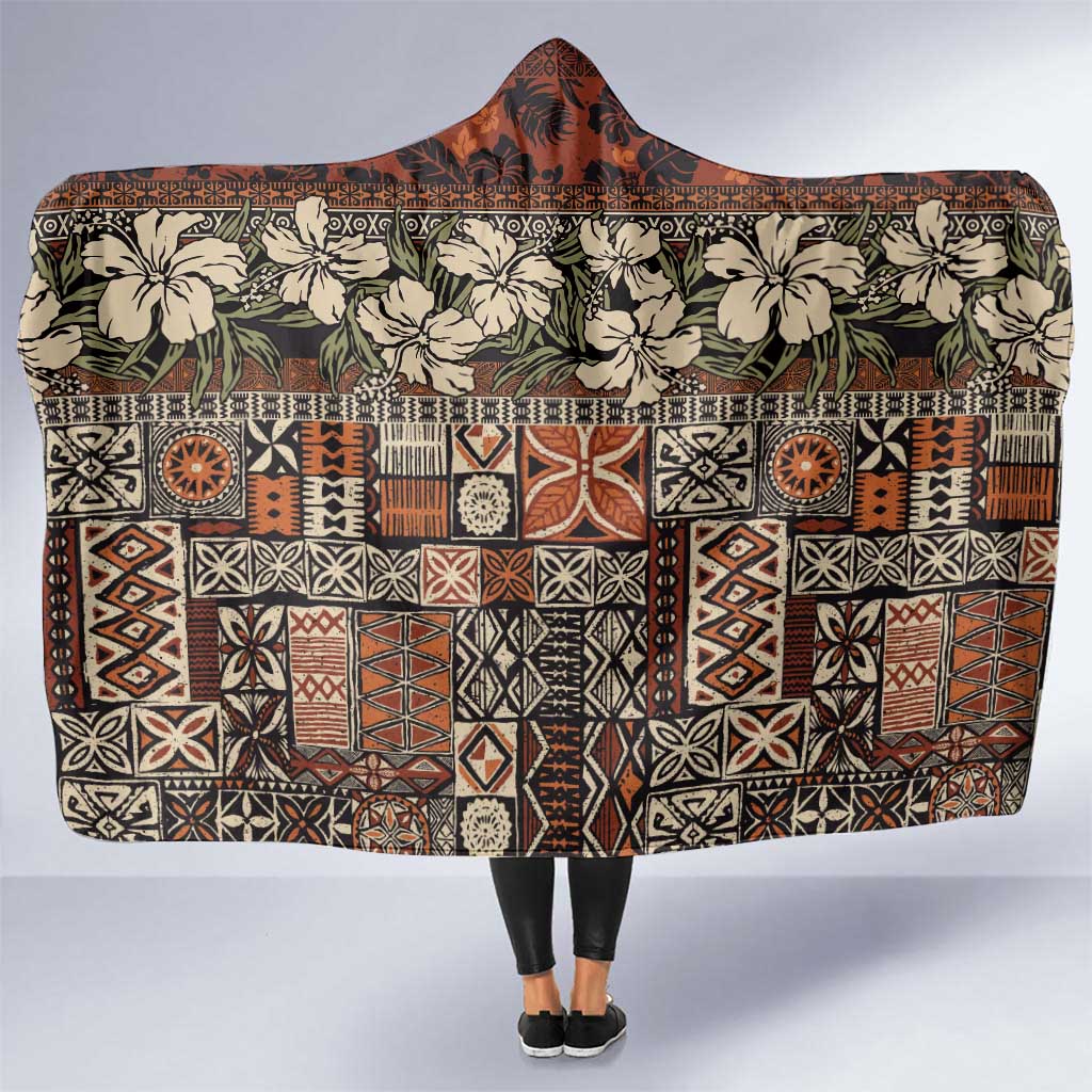 Pacific Hibiscus Tapa Tribal Vintage Hooded Blanket Brown Motif LT9 One Size Brown - Polynesian Pride