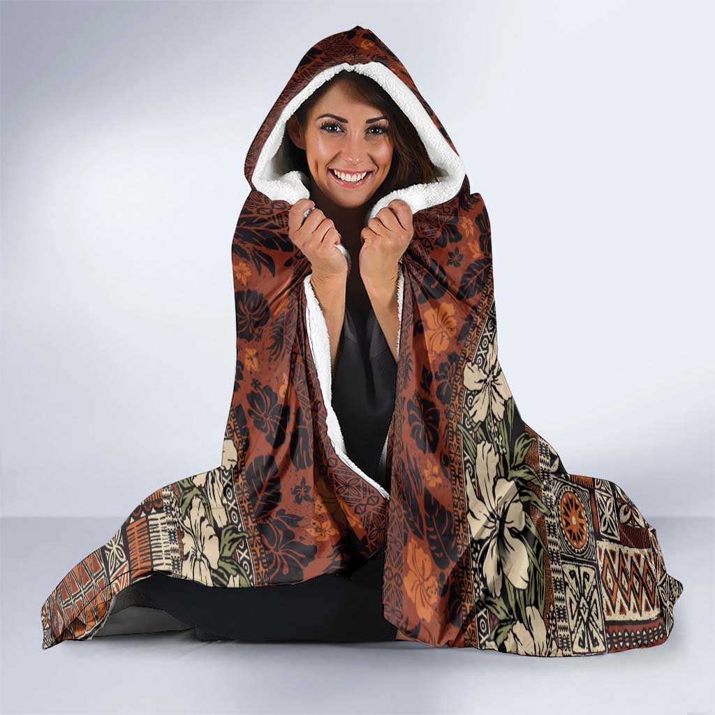 Pacific Hibiscus Tapa Tribal Vintage Hooded Blanket Brown Motif LT9 - Polynesian Pride