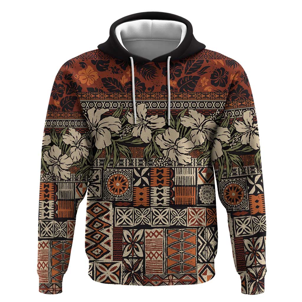 Pacific Hibiscus Tapa Tribal Vintage Hoodie Brown Motif