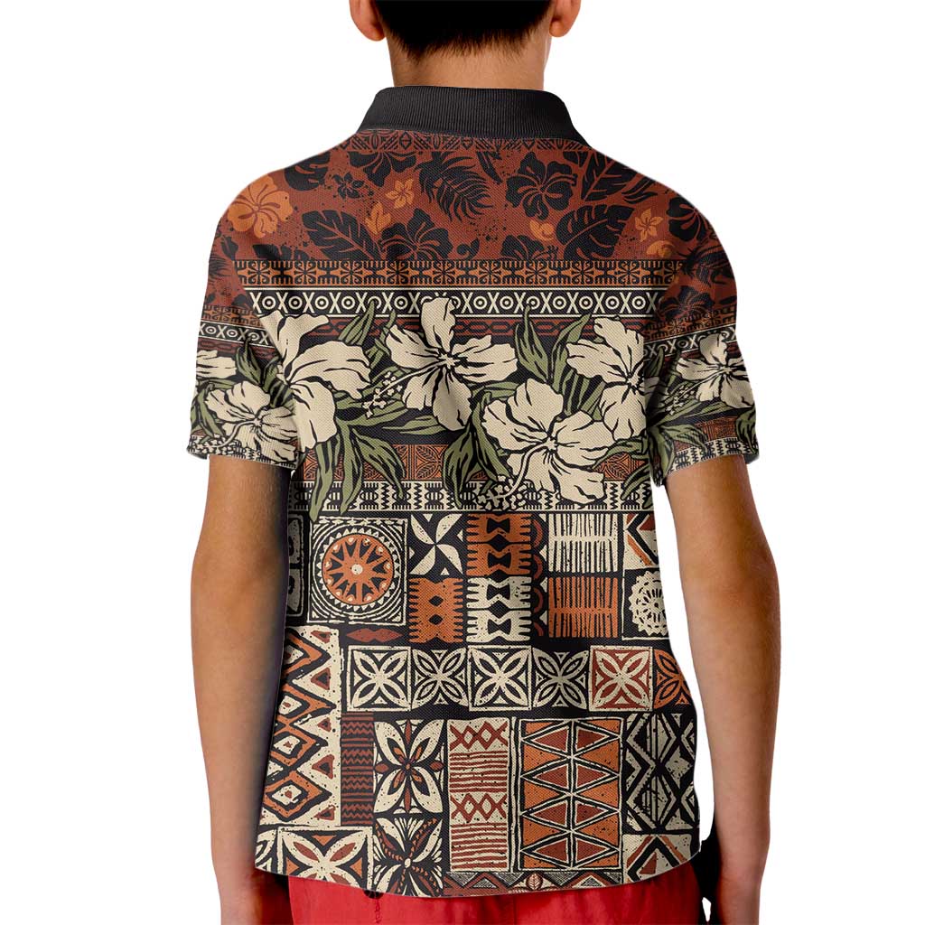 Pacific Hibiscus Tapa Tribal Vintage Kid Polo Shirt Brown Motif