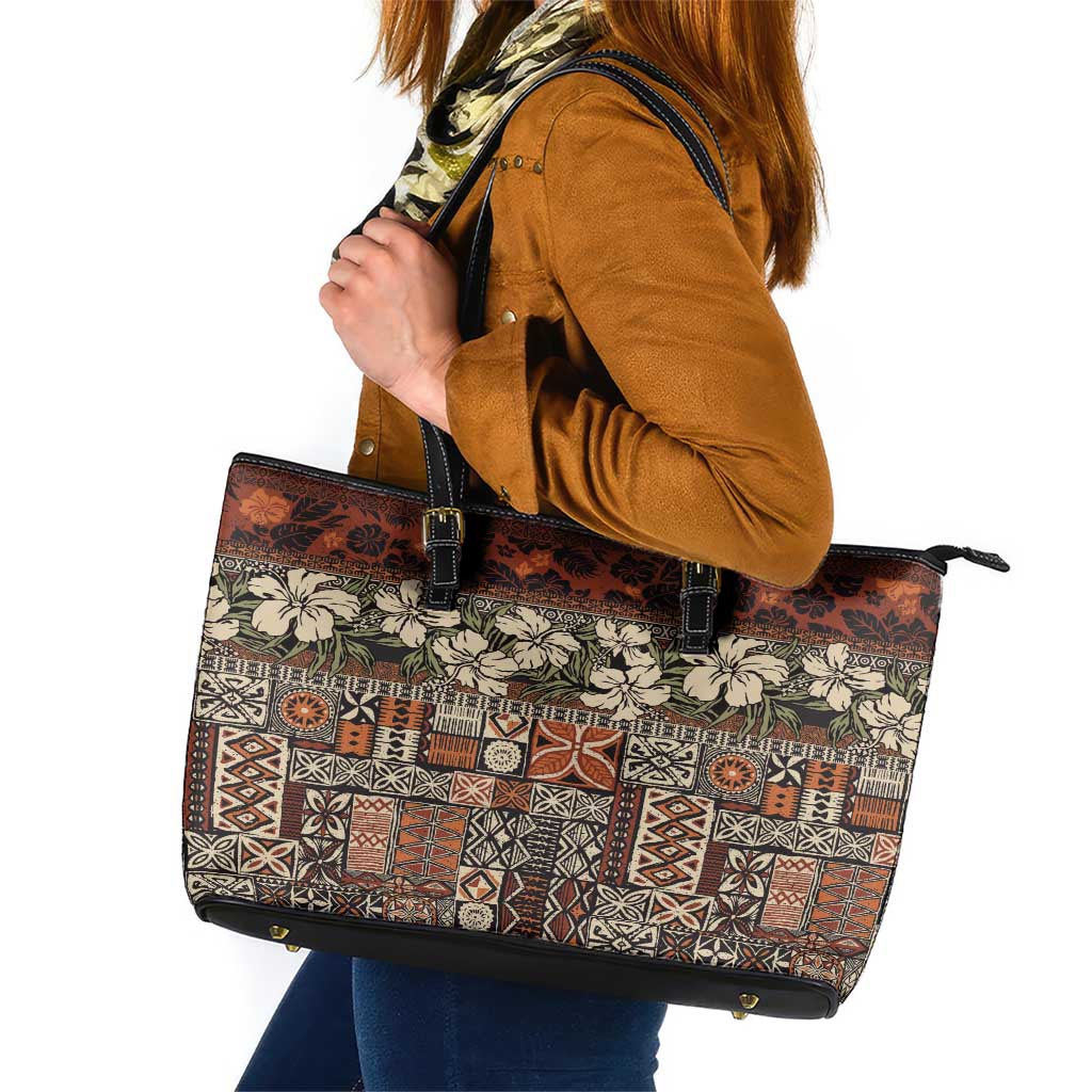 Pacific Hibiscus Tapa Tribal Vintage Leather Tote Bag Brown Motif