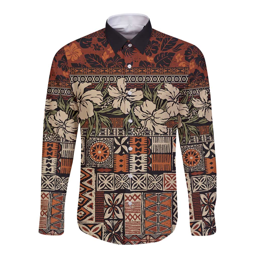 Pacific Hibiscus Tapa Tribal Vintage Long Sleeve Button Shirt Brown Motif