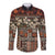 Pacific Hibiscus Tapa Tribal Vintage Long Sleeve Button Shirt Brown Motif