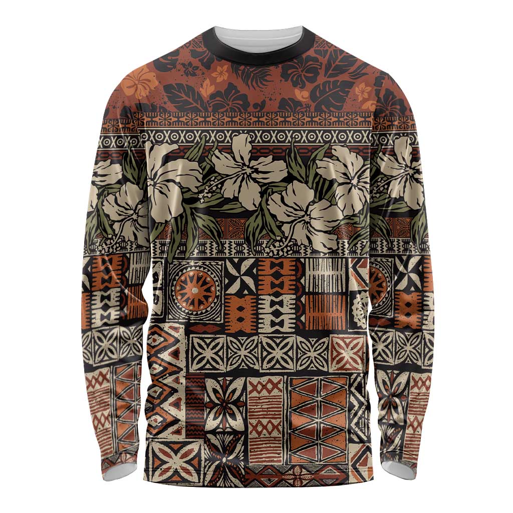 Pacific Hibiscus Tapa Tribal Vintage Long Sleeve Shirt Brown Motif