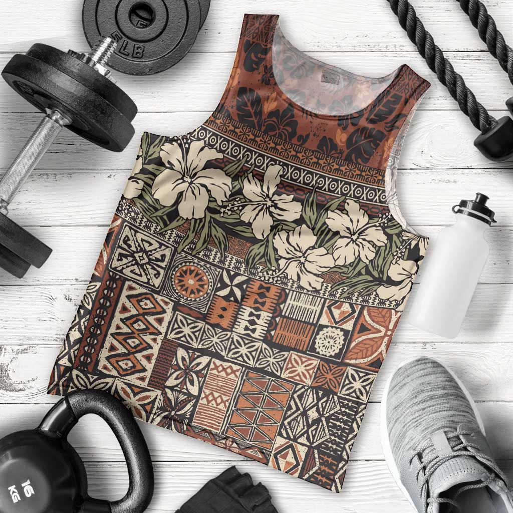 Pacific Hibiscus Tapa Tribal Vintage Men Tank Top Brown Motif LT9 - Polynesian Pride