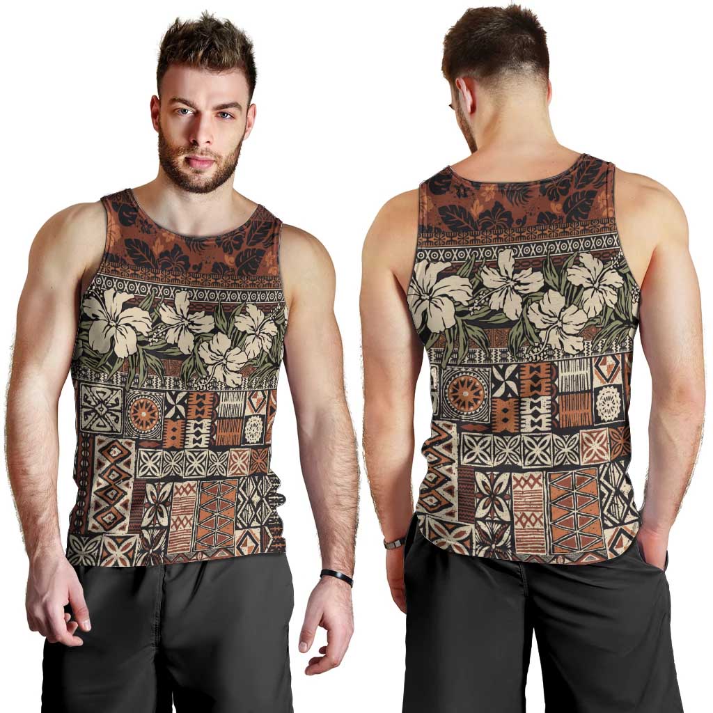 Pacific Hibiscus Tapa Tribal Vintage Men Tank Top Brown Motif LT9 - Polynesian Pride