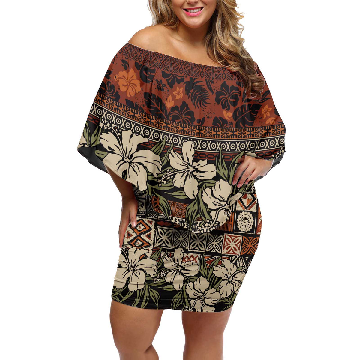 Pacific Hibiscus Tapa Tribal Vintage Off Shoulder Short Dress Brown Motif LT9 Women Brown - Polynesian Pride