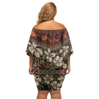 Pacific Hibiscus Tapa Tribal Vintage Off Shoulder Short Dress Brown Motif LT9 - Polynesian Pride