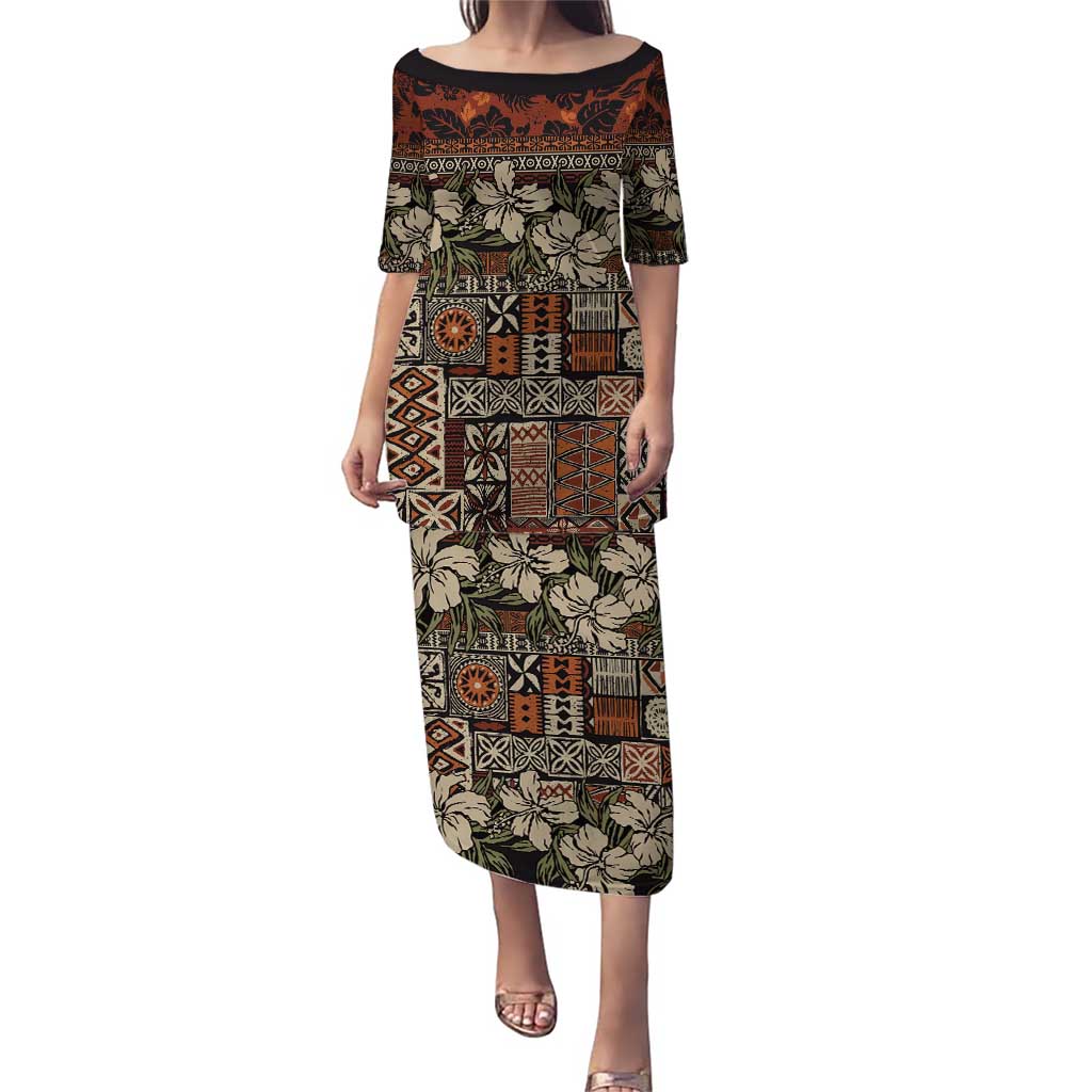 Pacific Hibiscus Tapa Tribal Vintage Puletasi Brown Motif LT9 Long Dress Brown - Polynesian Pride