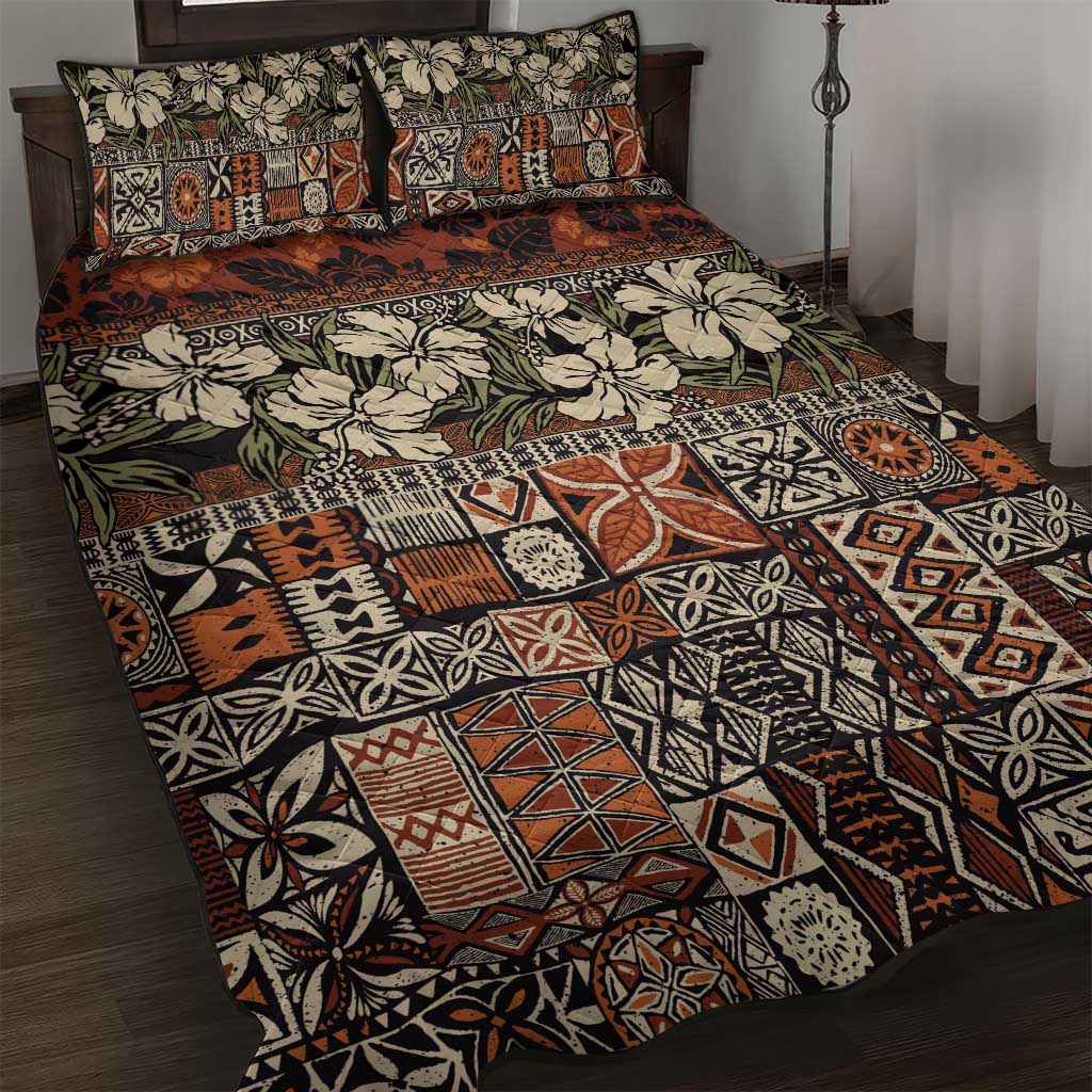 Pacific Hibiscus Tapa Tribal Vintage Quilt Bed Set Brown Motif LT9 Brown - Polynesian Pride