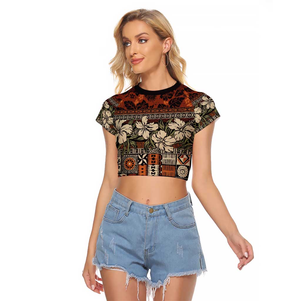 Pacific Hibiscus Tapa Tribal Vintage Raglan Cropped T Shirt Brown Motif LT9 Female Brown - Polynesian Pride