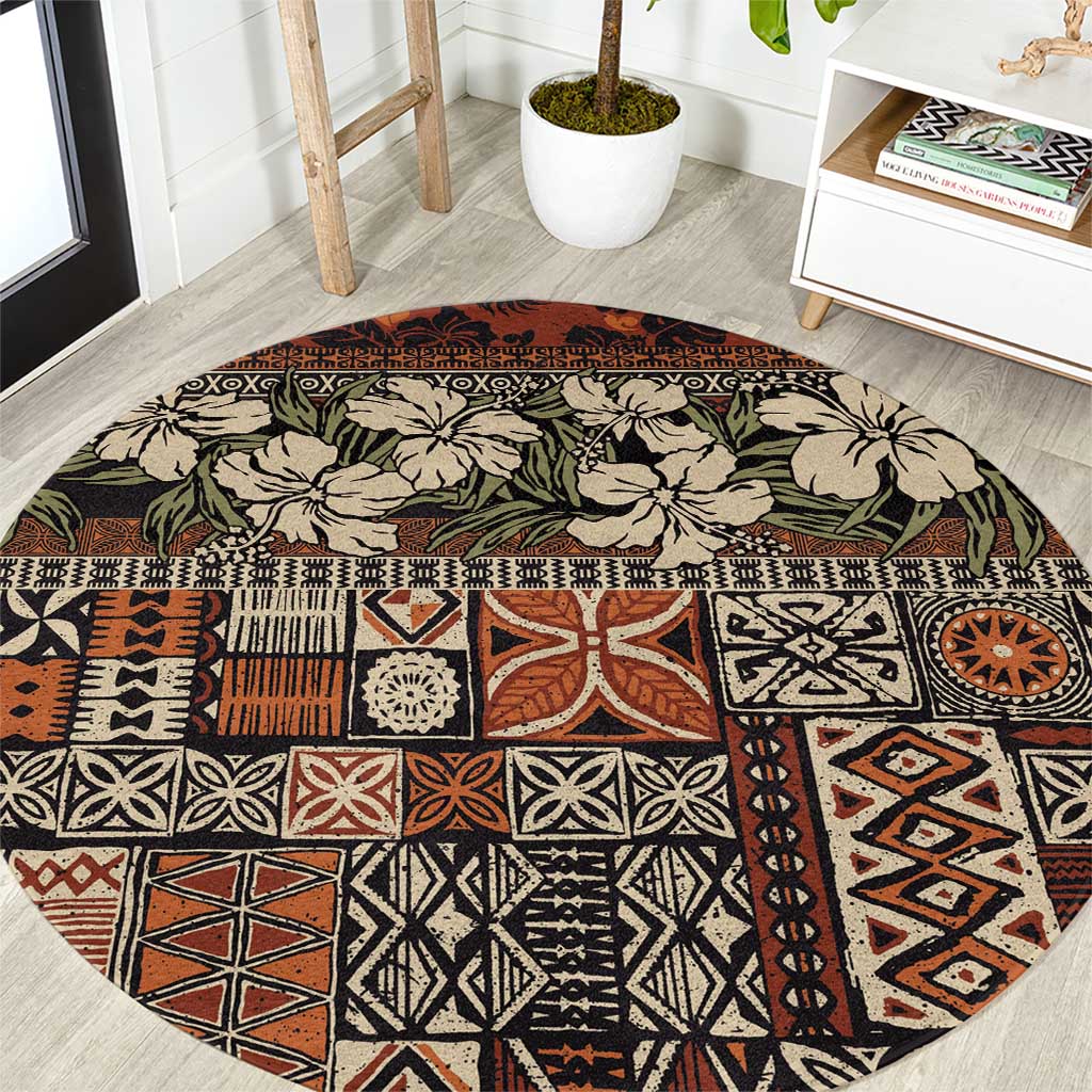 Pacific Hibiscus Tapa Tribal Vintage Round Carpet Brown Motif