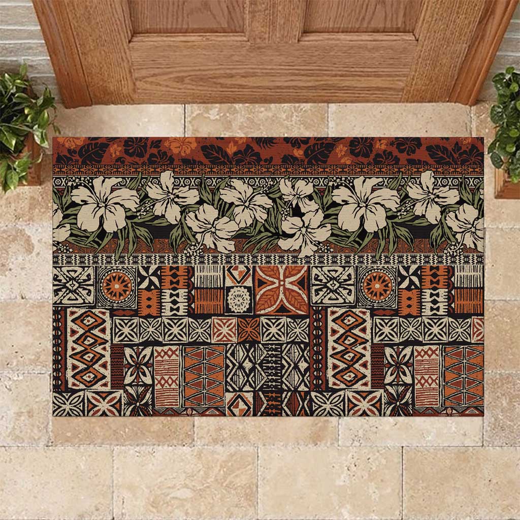 Pacific Hibiscus Tapa Tribal Vintage Rubber Doormat Brown Motif LT9 Brown - Polynesian Pride