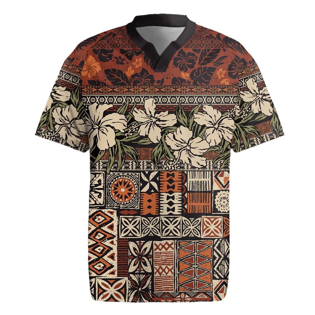 Pacific Hibiscus Tapa Tribal Vintage Rugby Jersey Brown Motif