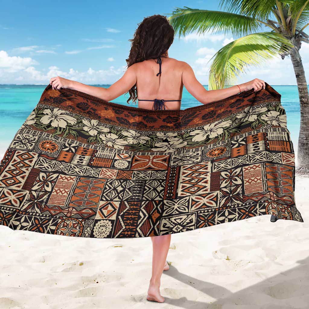 Pacific Hibiscus Tapa Tribal Vintage Sarong Brown Motif