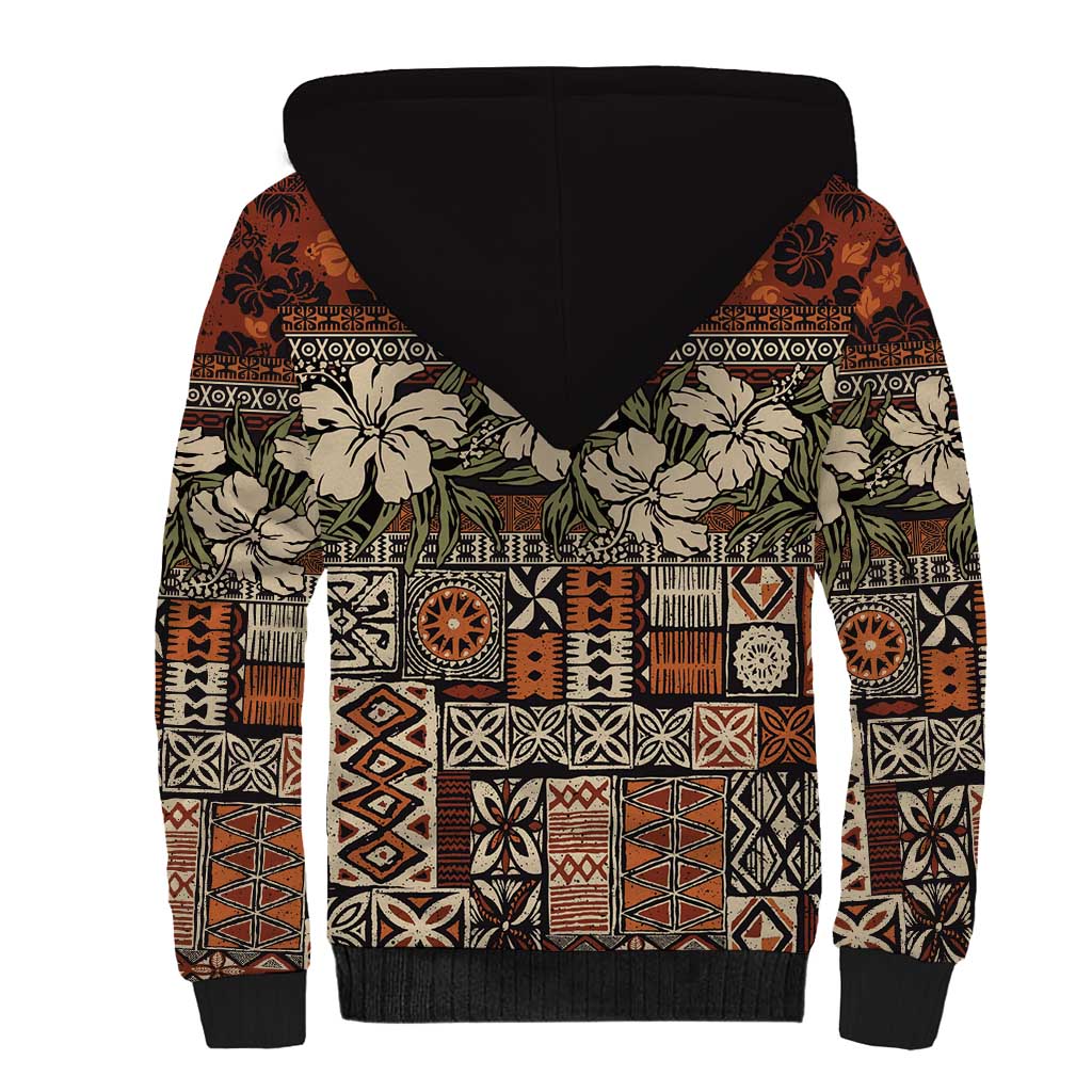 Pacific Hibiscus Tapa Tribal Vintage Sherpa Hoodie Brown Motif LT9 - Polynesian Pride