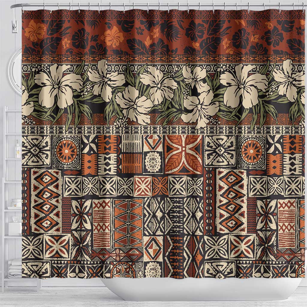 Pacific Hibiscus Tapa Tribal Vintage Shower Curtain Brown Motif