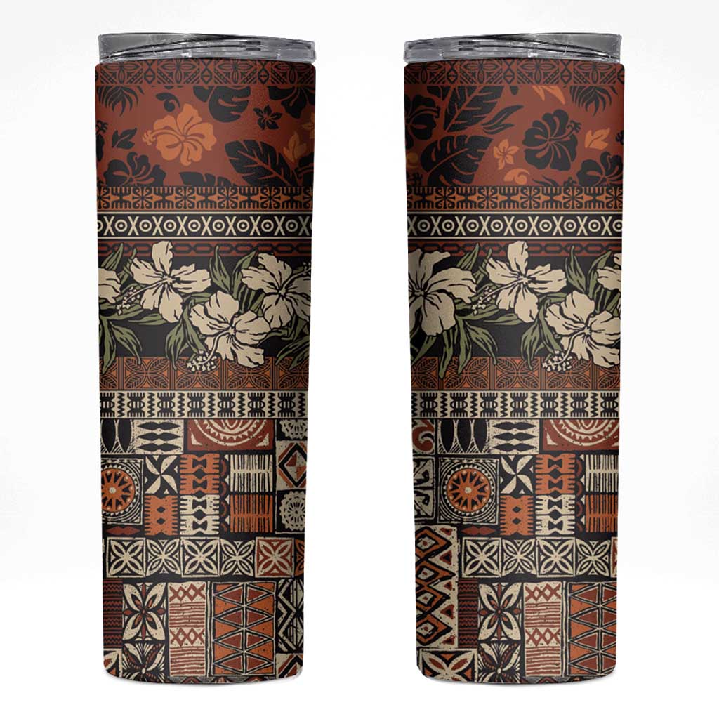 Pacific Hibiscus Tapa Tribal Vintage Skinny Tumbler Brown Motif