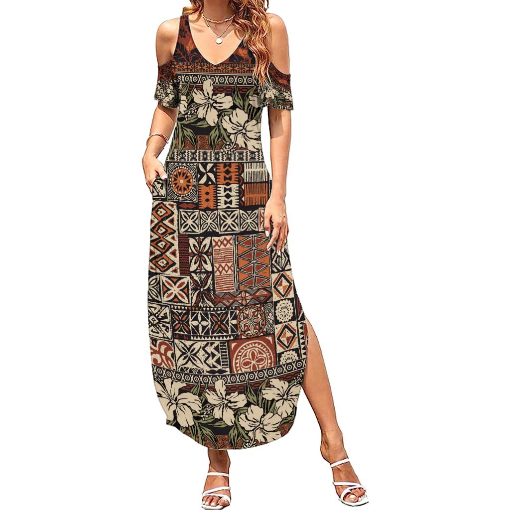 Pacific Hibiscus Tapa Tribal Vintage Summer Maxi Dress Brown Motif LT9 Women Brown - Polynesian Pride