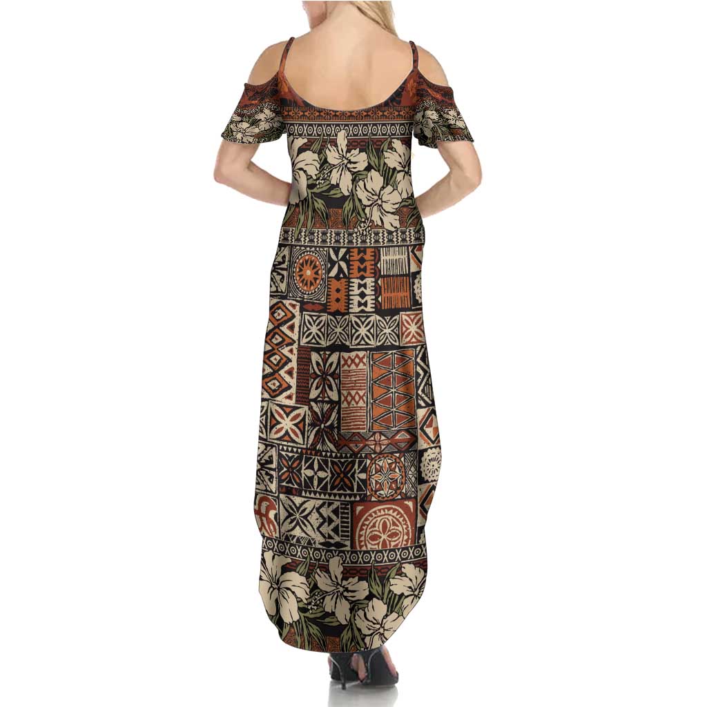 Pacific Hibiscus Tapa Tribal Vintage Summer Maxi Dress Brown Motif LT9 - Polynesian Pride