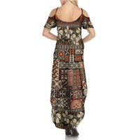 Pacific Hibiscus Tapa Tribal Vintage Summer Maxi Dress Brown Motif LT9 - Polynesian Pride