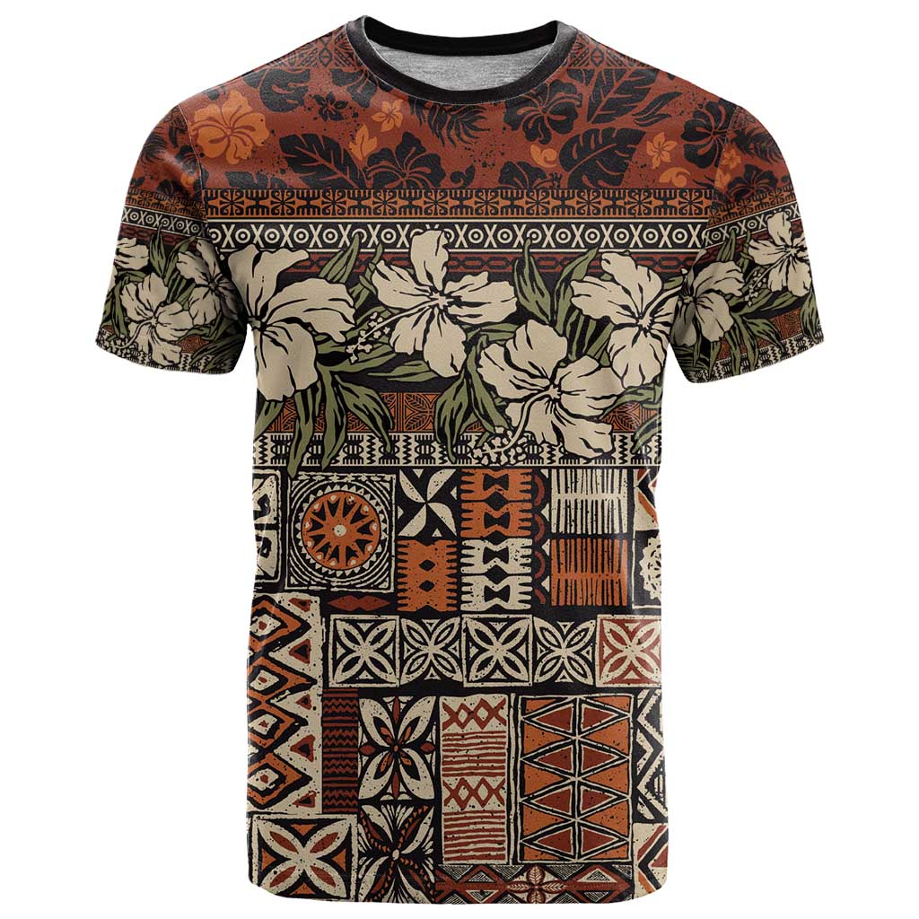Pacific Hibiscus Tapa Tribal Vintage T Shirt Brown Motif LT9 Brown - Polynesian Pride