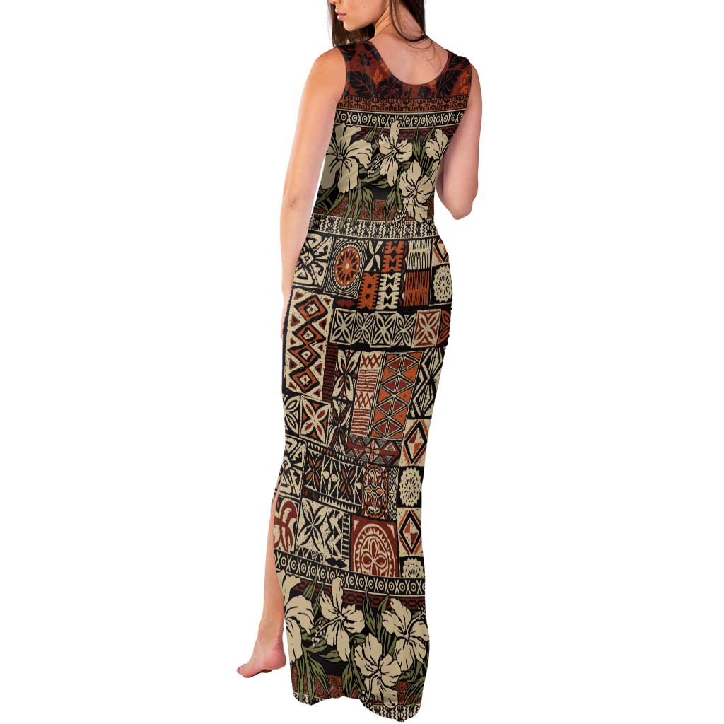 Pacific Hibiscus Tapa Tribal Vintage Tank Maxi Dress Brown Motif LT9 - Polynesian Pride