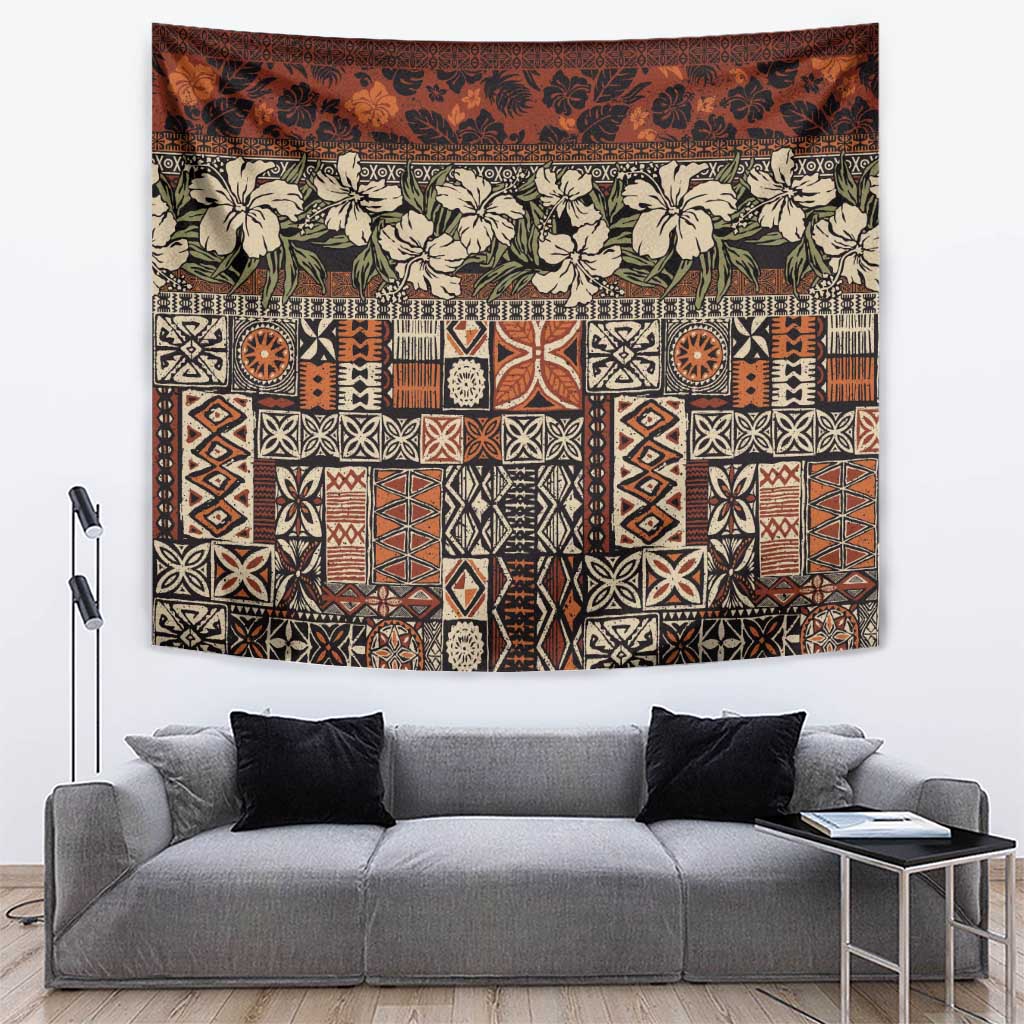 Pacific Hibiscus Tapa Tribal Vintage Tapestry Brown Motif