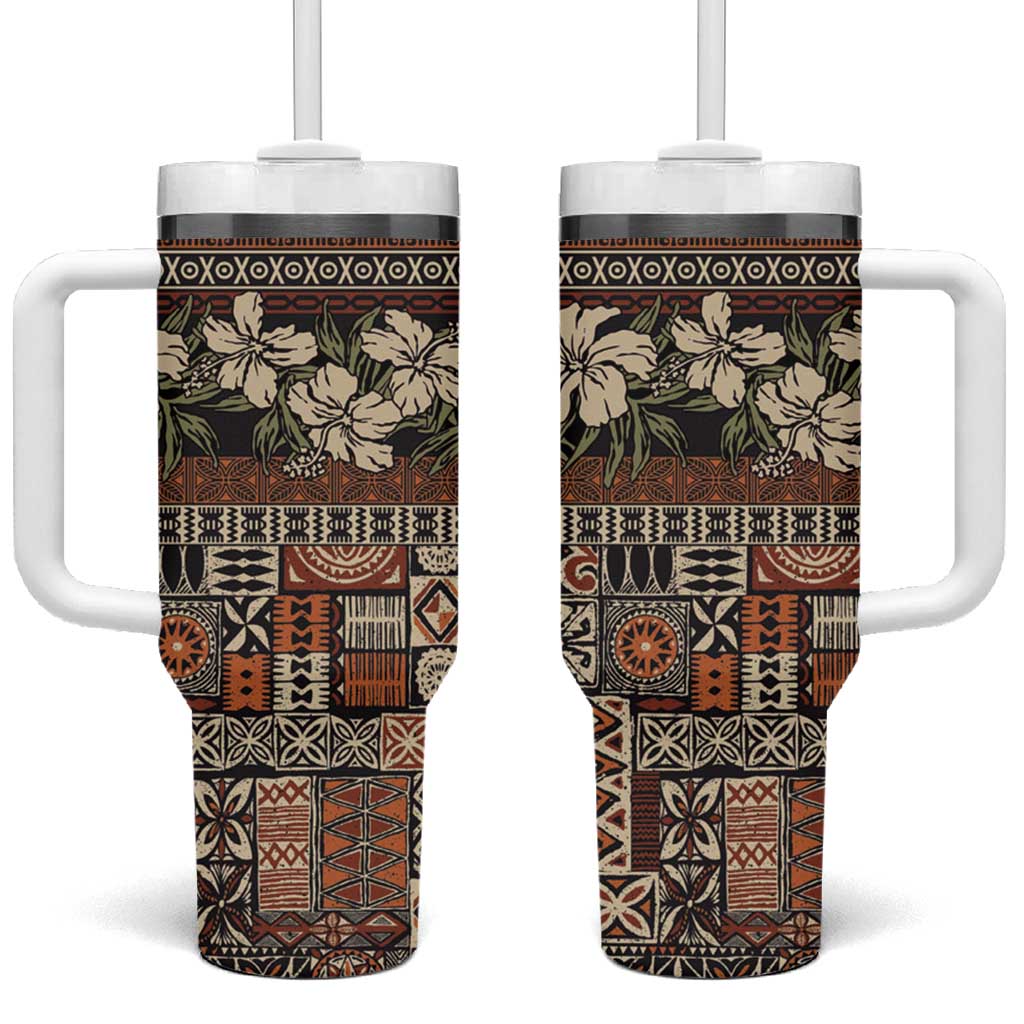 Pacific Hibiscus Tapa Tribal Vintage Tumbler With Handle Brown Motif LT9 One Size: 40 oz Brown - Polynesian Pride