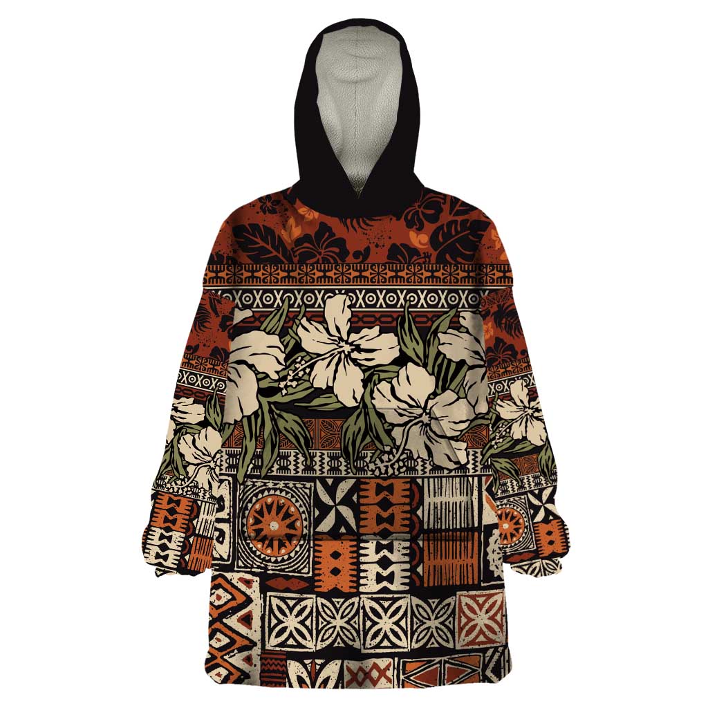 Pacific Hibiscus Tapa Tribal Vintage Wearable Blanket Hoodie Brown Motif LT9 One Size Brown - Polynesian Pride
