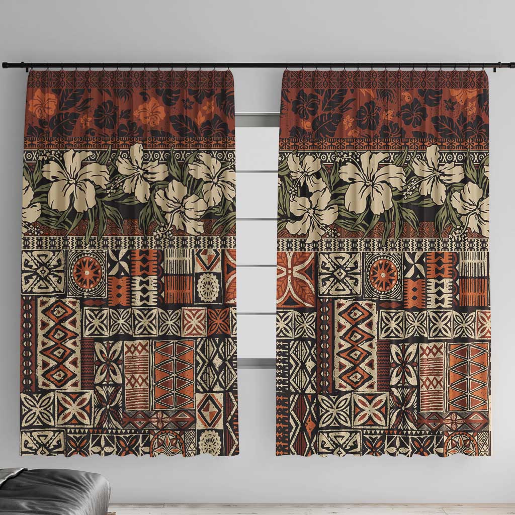 Pacific Hibiscus Tapa Tribal Vintage Window Curtain Brown Motif