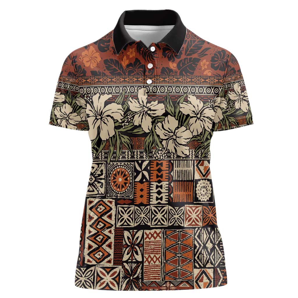 Pacific Hibiscus Tapa Tribal Vintage Women Polo Shirt Brown Motif