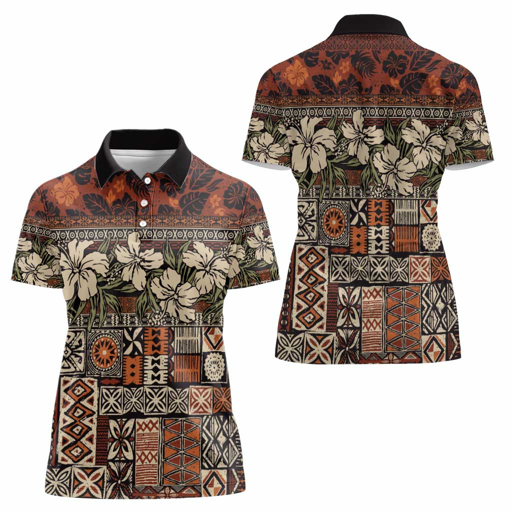 Pacific Hibiscus Tapa Tribal Vintage Women Polo Shirt Brown Motif