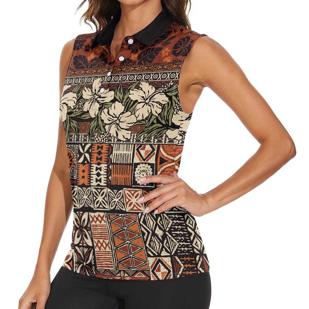 Pacific Hibiscus Tapa Tribal Vintage Women Sleeveless Polo Shirt Brown Motif