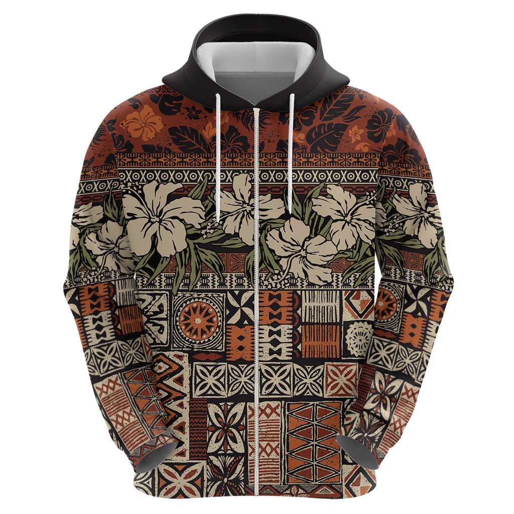 Pacific Hibiscus Tapa Tribal Vintage Zip Hoodie Brown Motif