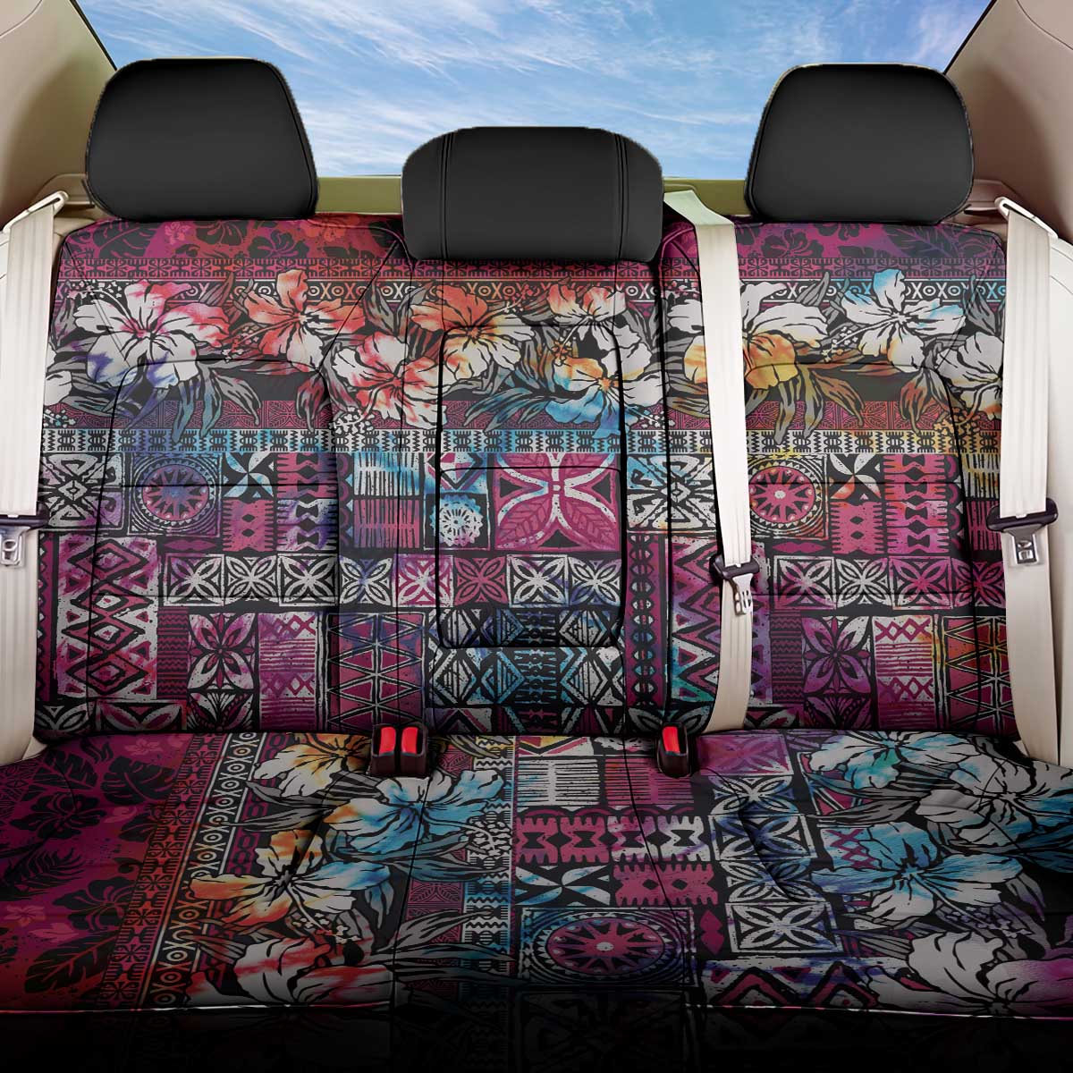 Pacific Hibiscus Tapa Tribal Vintage Back Car Seat Cover Pink Motif