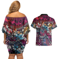 Pacific Hibiscus Tapa Tribal Vintage Couples Matching Off Shoulder Short Dress and Hawaiian Shirt Pink Motif